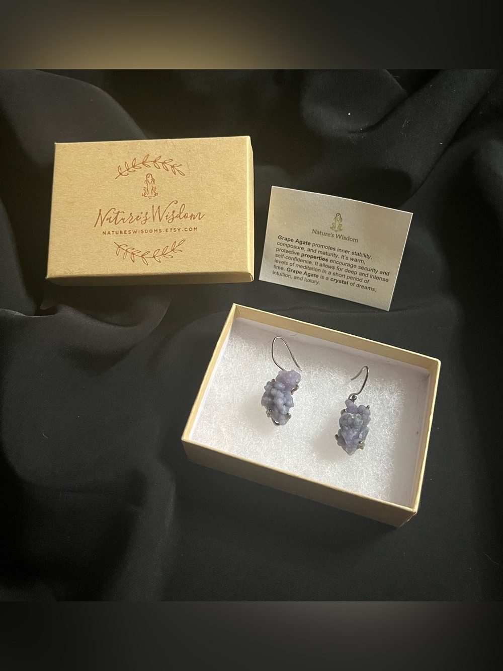 Grape Agate Crystal Drop Earrings | Nature’s Wisdom | Original Box & Card